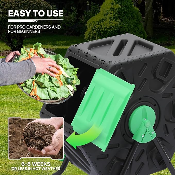 MoNiBloom 17 Gallon Single Compost Tumbler BPA Free Outdoor Light Weight Compost Bin w/Sliding Door All-Season Fast Working Rotating Chamber Composters for Garden Patio