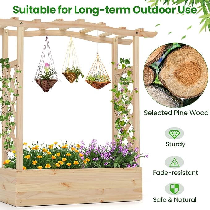 Giantex Raised Garden Bed with Sided Trellis &amp Hanging Roof Wood Planter Box Freestanding Garden Planter Raised Bed for Flowers Herbs Climbing Vines 44”x14”x45” (L x W x H)