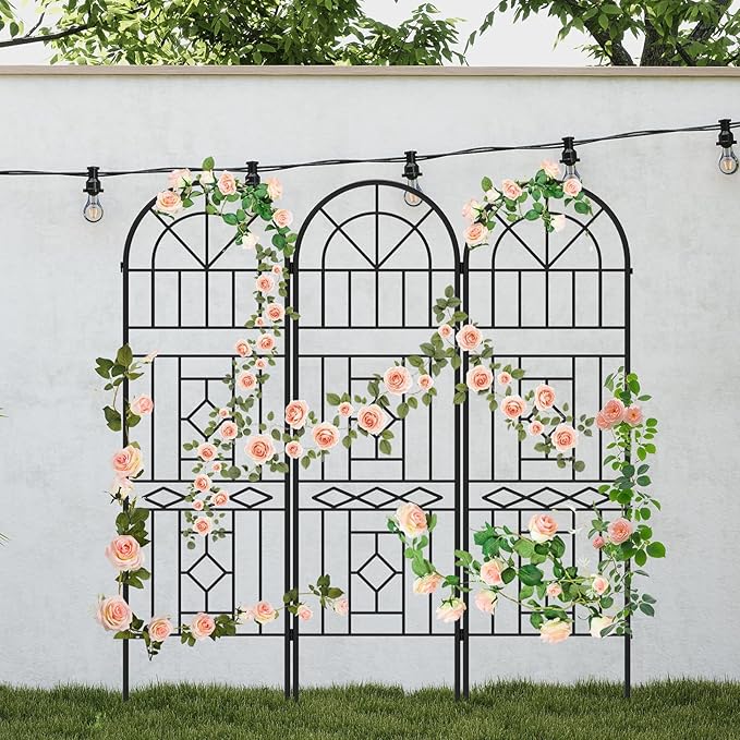 Garden Trellis for Climbing Plants 3 Pack 38Wx 64.6H Rustproof Flower Trellis with Black Coating Outdoor Climbing Rose Trellis Cucumbers Support for Courtyards Lawns (Black-Linear Shape 3 Pieces)