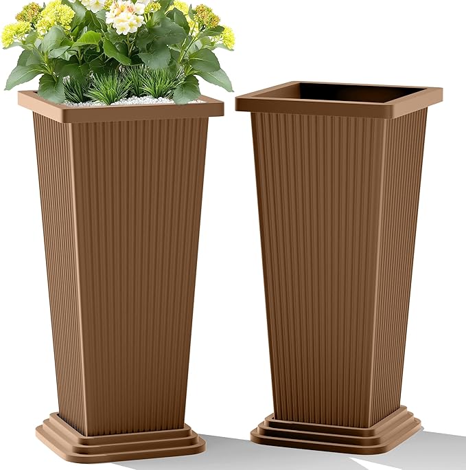 Set of 2 Tall Planters 24 Large Indoor Outdoor Flower Pots with Tray Modern Tapered Planters for Porch Patio Garden Backyard