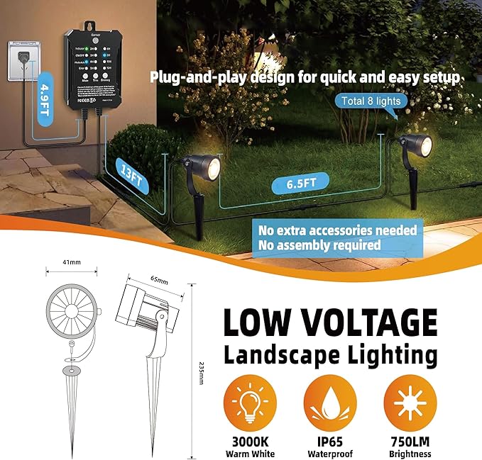 COLOER All-in-One Low Voltage Landscape Lighting Kit 8 Pack 5W Die-cast Aluminum Landscape Lights with Transformer and Connectors IP65 Waterproof Outdoor Spot Lights for Pathway Yard Garde