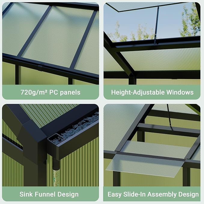 6X10 FT Greenhouse Polycarbonate Garden Greenhouse for OutdoorsAluminum Frame Green House with Lockable Door and Adjustable Roof Vent Ideal for Backyard Patio and Outside Growing