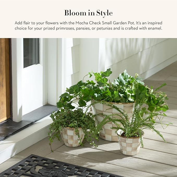 MACKENZIE-CHILDS Enamel Garden Pot Decorative Pot for Plants Outdoor Flowerpot Decor Small Brown-and-White Mocha Check