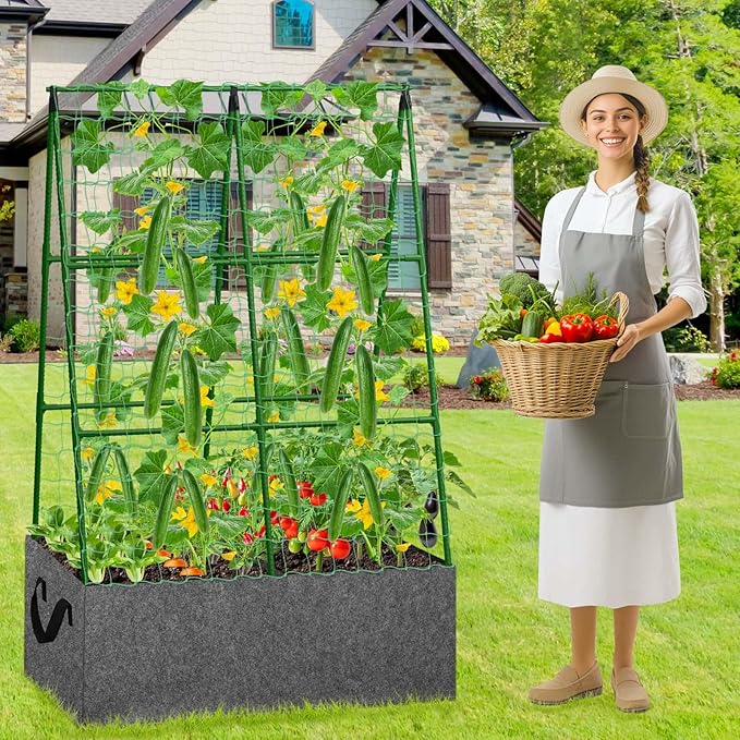 Cucumber Trellis with Grow Bag 50 x 36 Inches Reusable Garden Vegetable Trellis with Fabric Raised Bed Climbing Net and Plant Support Clips for Greenhouse Climbing Plants