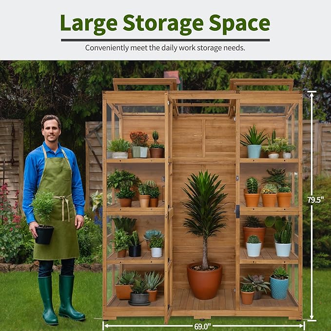 Macrout Wooden Walk-in Greenhouse with Acrylic Panels Large Greenhouse Outdoor with Openable Roof Vents with Lockable Door G976