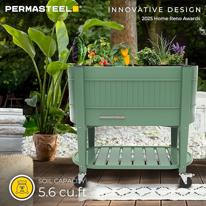 Permasteel Raised Garden Bed with Legs 40×20×37 in Planter Box with EnGrow™ TrueSoil™ Technology for Vegetables Flowers Herbs and Fruit Outdoor Indoor Storage Shelf Sage