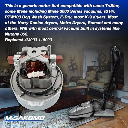 Vacuum Cleaner Blower/Motor 2 Stage 120 Volts Replace# 4M903 115923 Compatible with Miele Tristar F&ampP Fantom Vacuum Cleaners Hurry Canine Dryers Metro Dryers Romani