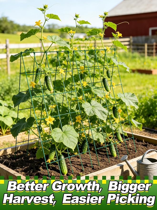 2 Sets Cucumber Trellis for Raised Garden Bed - 4.5mm Wire Heavy Duty Weather-Resistant Foldable A-Frame Metal Plant Support for Squash Pole Bean Climbing Plants Vegetables Outdoor