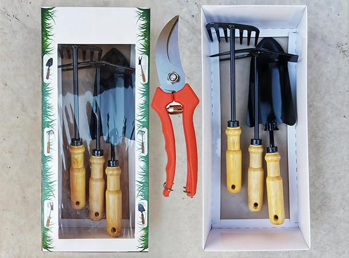 Handcrafted Garden Tools Set – Durable 8mm Axon Iron Spade Anchor &amp Harrow with 7 Gears Includes Adjustable Garden Shears Lightweight &amp Sturdy Tools for Gardening &amp Landscaping 4 Piece