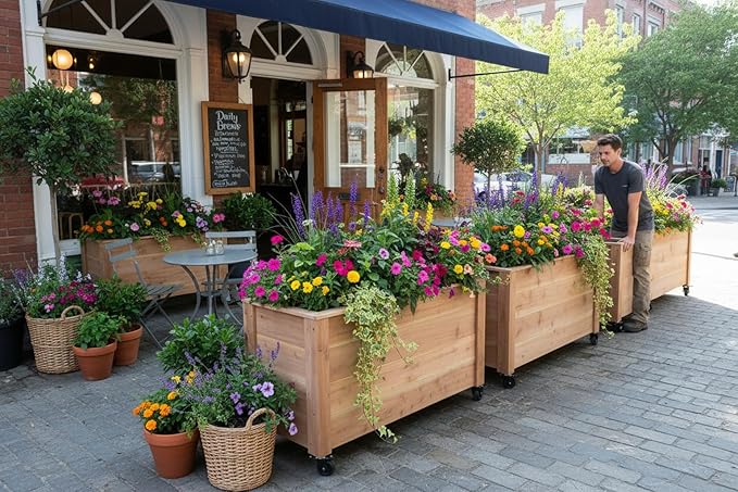 Tall Cedar Planter Box with Locking Wheels – Mobile Raised Garden Bed for Patio Balcony &amp Business Entrances – Wooden Planter with Brakes for Flowers Herb &amp Vegetable Plants (30 x 16.5 x 2