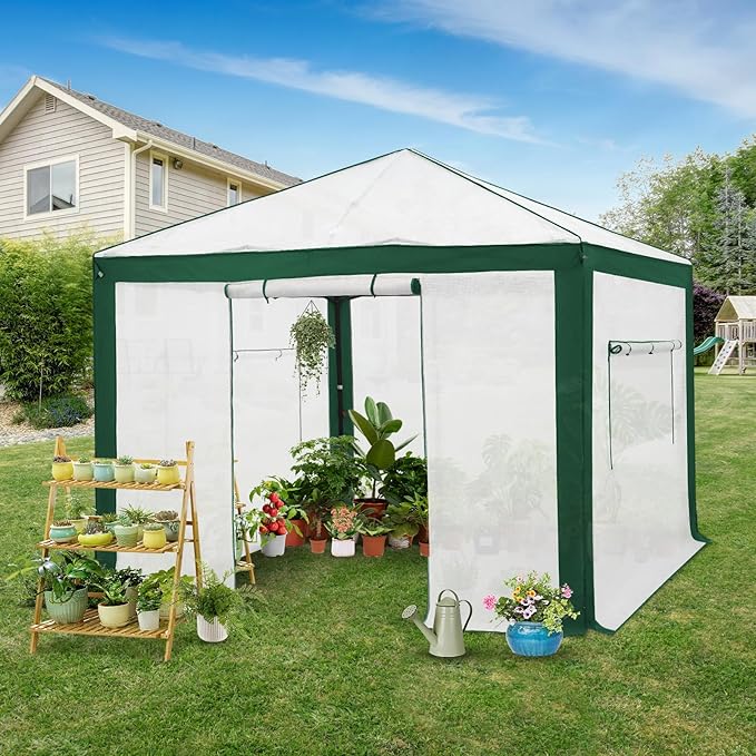 EAGLE PEAK 10x10 Portable Walk in Greenhouse with Polyester Reinforced Corners Instant Pop up Indoor Outdoor Gardening Green House Roll Up Zipper Entry Doors and Mesh Windows Green/White