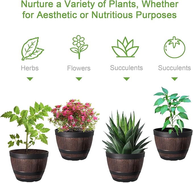 VECELO Plant Pots with Drainage Holes &amp Saucer 9/11.3/13 Inch Flower Pots with Tray 3 Pack Plastic Whiskey Barrel Planters for Indoor &amp Outdoor Garden Home Plants and Flowers