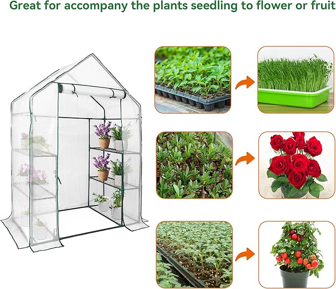 Heyfurni Walk in Greenhouse with 3 Tier 6 Shelves2 More Bottom Shelves Reinforced Plant House Growhouse/Green House for OutdoorPE Cover 143x73x195cm