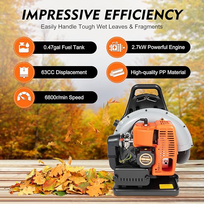 63CC Backpack Gas Powered Leaf BlowerCommercial 2-Stroke 2.7kW 850CFM 4.3HP Gasoline Grass Lawn Blower Leaf Blower Powerful Clearing Performance Ergonomic Harness Gas for Lawn Care Yard Snow Blowing