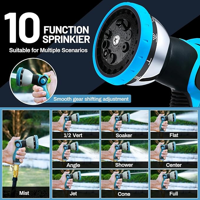 100Ft Non-Expandable Garden Hose with 10 Function Nozzles Flexible Lightweight Kink-Free Leak-Proof Sturdy Water Hose with Strong Brass Connector
