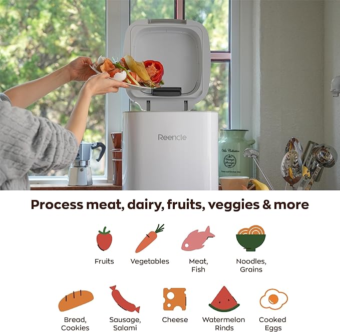 Reencle Prime Electric Composter - 14L Kitchen Composter Decomposes Up to 2.2 lbs Food Waste Daily Odorless Indoor Composting with Whisper-Quiet Technology &amp Rapid Decomposition (White)