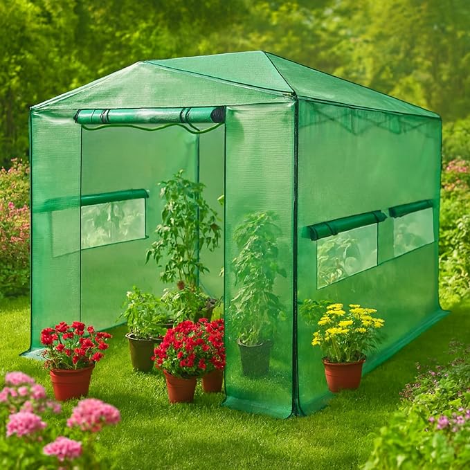 Garden Winds Reinforced Replacement Cover Compatible with The Outfine GH22024 8' x 12' Portable Walk in Instant Pop Up Greenhouse Zipper Entry Doors Mesh Side Windows - PE Fabric - Green