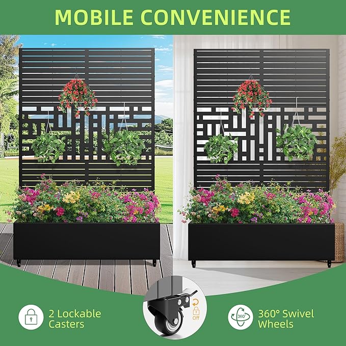Casaphoria Metal Raised Garden Bed with Trellis and Wheels 72x47x16 Planter Box for Climbing Plants Vegetables &amp Vines Features Drainage Holes and Privacy Screen Black(Louvered&ampHelen)