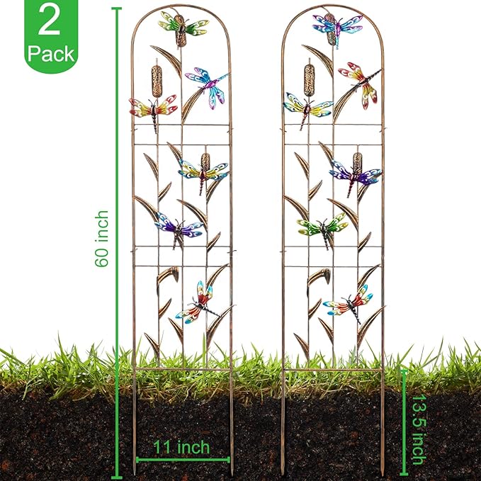 SUNNYPARK Set of 2 Dragonfly Metal Garden Trellis for Climbing Plants Decorative Vegetables Flowers Vine Trellis for Outdoor Patio 60'' H x 11'' W