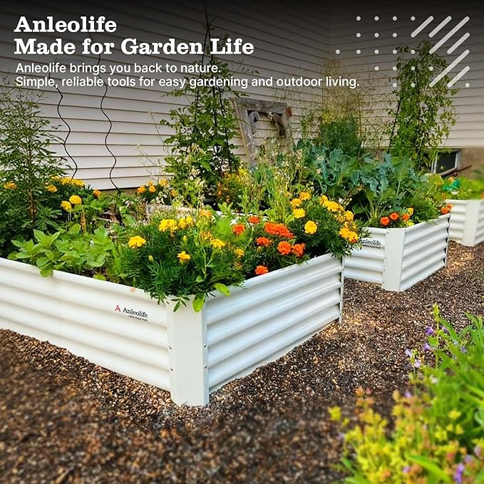 A ANLEOLIFE 6X3X1.5 ft Galvanized Raised Garden Beds Outdoor Rectangular Metal Planter Box for Planting Vegetables Flowers Herb Anti-Rust &amp Easy-Setup Antique White