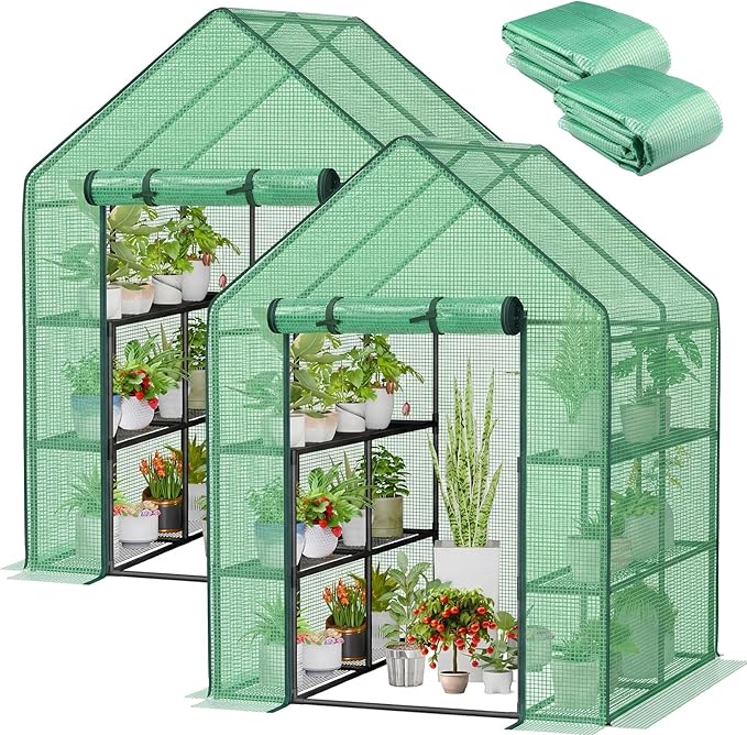 Frienda 2 Pack Walk in Greenhouse Replacement Cover 56 x 56 x 76 PE Gardening Greenhouse Cover with Roll Up Zipper for Outdoor Cold Frost Protection Rain Wind Proof (Frame Not Included) (Green)