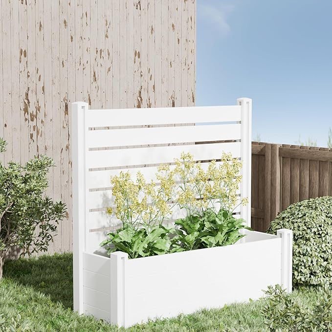 Casaphoria Raised Garden Bed with Trellis 47x47x16 Planter Box with Open Bottom for Gardening Vegetables &amp Vines and Climbing Plants White