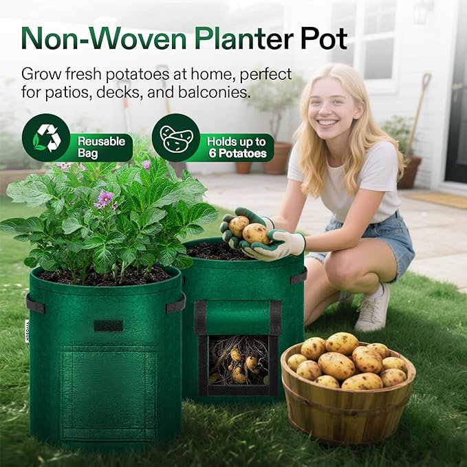 VIVOSUN 5-Pack 10 Gallon Potato Grow Bags for Growing Potatoes Fabric Potato Pots with Handle and Roll-up Window Potato Growing Containers Potato Planter Potato Planter for Growing Potatoes Green