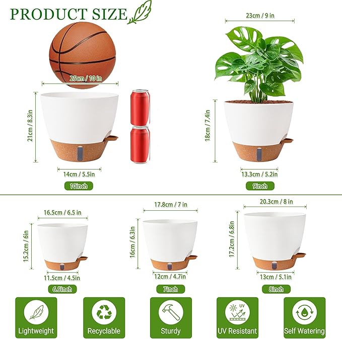 Self Watering Pots for Inoor Ourdoor Plants 10/9/8/7/6.5 Inch Plastic Planters with Drainage Holes &amp Water Level Indicator Decorative House Flower Nursery Planting Pots with Saucers ((White)