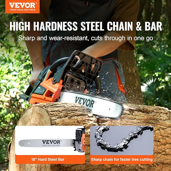 VEVOR Gas Chainsaw 52CC 2-Cycle Gasoline Powered Chainsaw 18 Inch Handheld Cordless Petrol Chain Saws For Forest Wood Garden and Farm Cutting Use