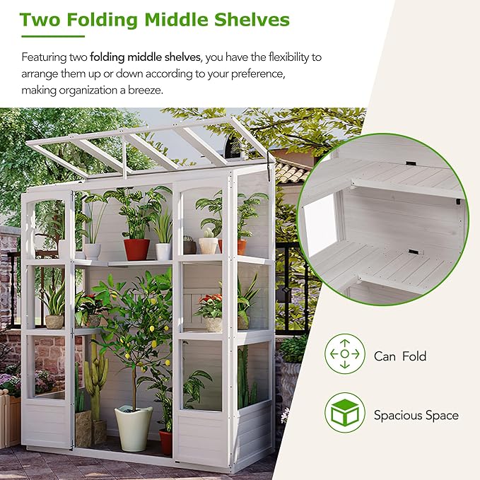 Walk-in Greenhouse for Outdoor 78 Inch Wooden Green House Cold Frame with 2 Doors 4 Openable Independent Skylights 2 Folding Middle Shelves Heavy Duty Plant Gardening Green House for Backyard White