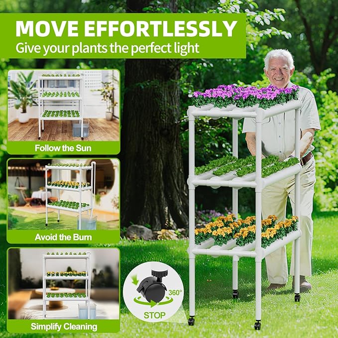 SPECILITE Hydroponics Growing System with Wheels 3-Tier 108 Plant Sites Food-Grade PVC-U Pipes Gardening kit for Leafy Vegetables Lettuce Herbs Water Pump Indoor Outdoor