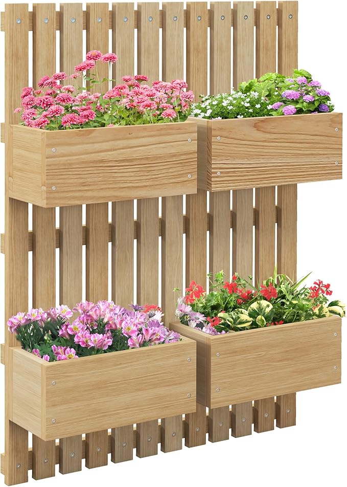 4 Box Raised Garden Bed with for Vine Flowers Climbing Plants 31.5 Tall Wall Mounted Wood Planter Box Set with Adjustable Height Drainage Hole Natural