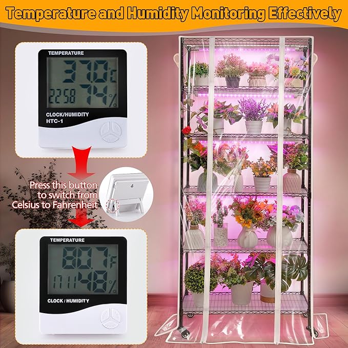 Meonum Indoor Greenhouse with Grow Lights 6 Tier Metal Plant Shelf with Cover (30 x 13.8 x 70.8) 5 Pack Full Spectrum Growing Lamps for Seed Starting Grow Rack with Timer Thermometer pH Meter