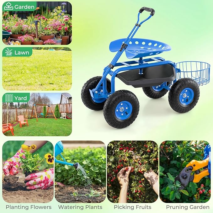 Garden Seat with Wheels Rolling Stool with Extendable Handle Storage Basket &amp Tool Tray Garden Scooter with 360 Degree Swivel Seat for Outdoor &amp Yard (Blue)