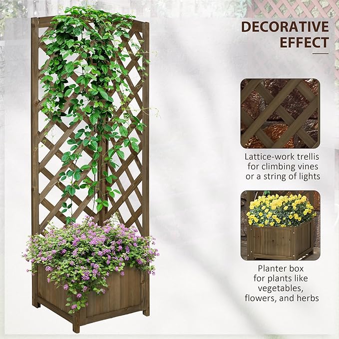 Wooden Raised Garden Bed with Trellis 57 Freestanding Corner Planter Box for Vine Plants Flowers Climbing and Planting Carbonized