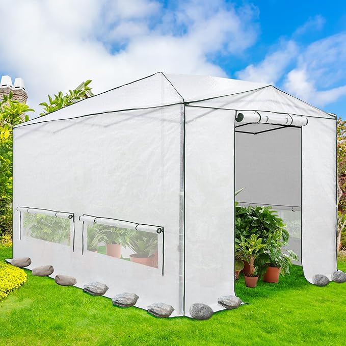EAGLE PEAK 12x8 Portable Walk in Greenhouse Pop Up Indoor Outdoor Greenhouse Green House Kit with Zippered Roll-Up Doors Windows + Support Pole Woven Cover Translucent