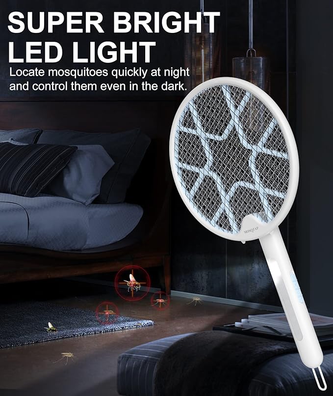 Electric Fly Swatter Foldable Bug Zapper Racket 3500Volt Mosquito Killer Electronic Fly Zapper w/Purple Light Attractant for Home Indoor Outdoor Large Size White