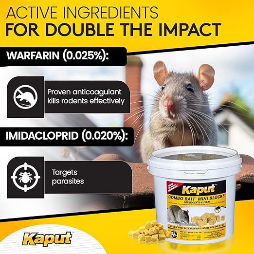 Kaput Combo Bait Mini Blocks Rodent Bait for Mice &amp Rats Warfarin Vole Killer for Indoor/Perimeter Use Kills Rodents with Consistent Feeding - Ideal for Homes Farms &amp Transport Areas (4 lb