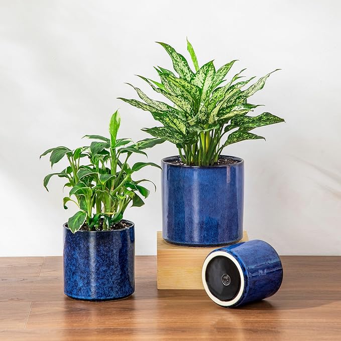 vancasso Ceramic Plant Pots 4.25+5.25+6.25 Inch Planter Pot with Drainage Hole Flower Pots for Indoor Outdoor Plants Set of 3 Blue