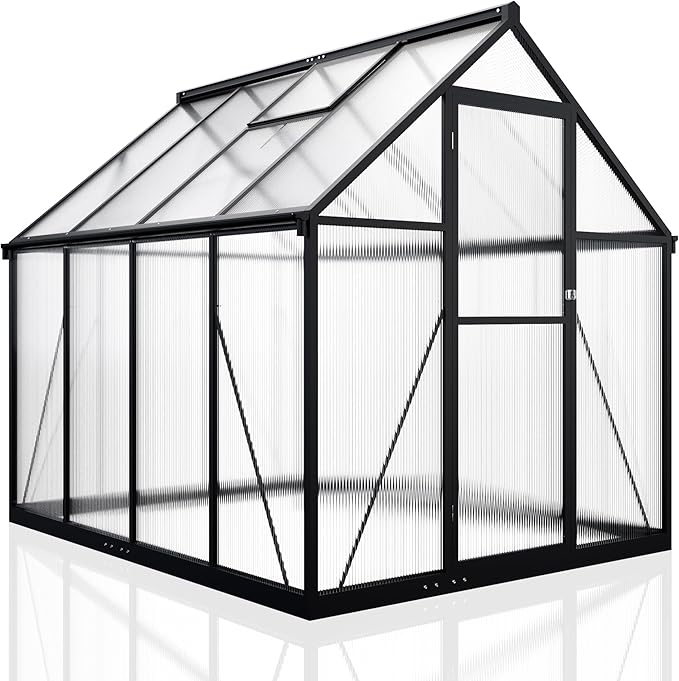WKM 5.8x7.3 FT Greenhouse for Outdoors Quick-fit Structure Polycarbonate Greenhouse with Window for Ventilation Walk-in Aluminum Green House for Outside Garden Backyard Black