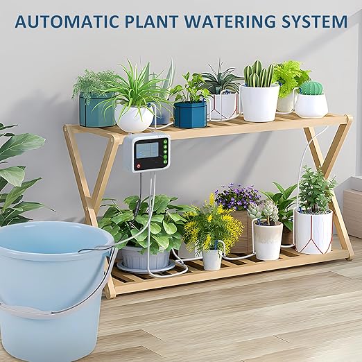 SoulBay Automatic Plant Waterer Indoor Self Watering System for 15 Potted Plants USB Rechargeable Drip Irrigation Kit with Programmable Water Timer LCD Display for Vacation Garden
