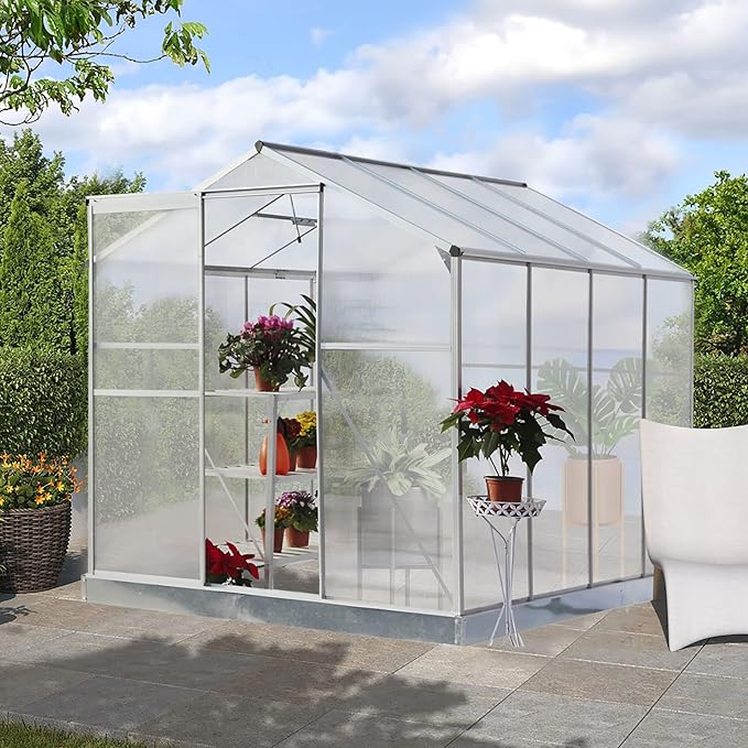 6x8 FT Greenhouses for Outdoors Heavy Duty Outside Walk in Green House for Garden Plants UV Protection Adjustable Roof Vent Thermostatic Waterproof and Insect Resistant Silver