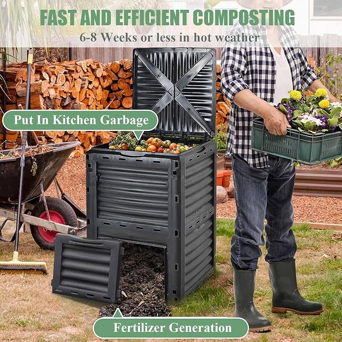 Outdoor Composting Bins80 Gallon Large Compost Bin with Top Flip Latch-on Lid &amp Bottom DoorGrass Food Trash Composter BarrelAerating Outdoor Compost Box for Garden Yard(Black+Green)