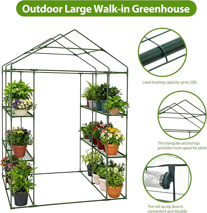 Walk-in Greenhouse 48 x 73 x 75 Inch Outdoor Plant Green House with 3 Tiers 12 Shelves Heavy Duty Steel Frame &amp Thicken PE Cover Portable Greenhouses for Balcony Patio Deck Gardening