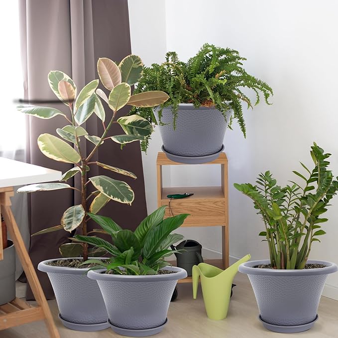 Quarut 12 Inch Large Planter Pot for Plants Indoor Outdoor 4 Pack Plastic Flower Pots with Drainage Hole &amp Tray Modern Decorative Garden Pot with Saucer Plant Container for House Grey