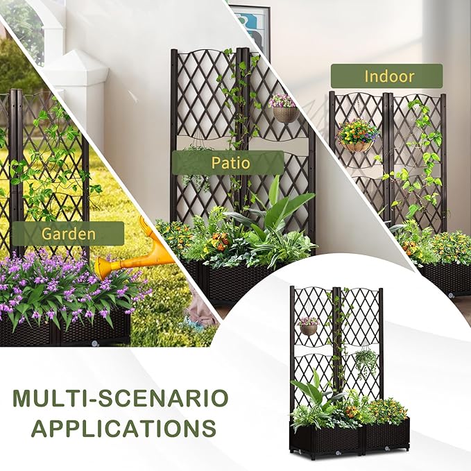 Raised Garden Bed with Trellis Outdoor Free-Standing Trellis Planter Box with Drainage Holes Privacy Planter for Patio Above Ground Elevated Garden Bed for Outdoor Climbing Plants Vines (Brown)