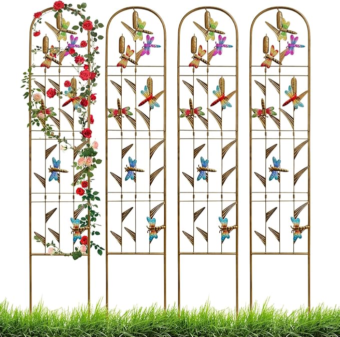4 Pack Metal Garden Trellis with Colorful Dragonfly Outdoor Decoration Arched Fence Trellis for Climbing Plants for Patio Backyard