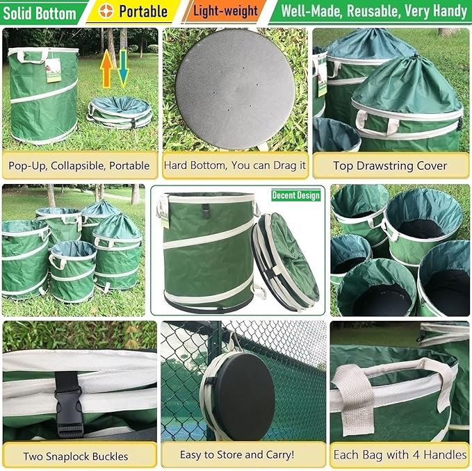 32-Gallon Collapsible Trash Can (19x25 in) Hard-Shell Bottom Leaf BagYard Waste BagGarden Debris ContainerPop-Up Recycling BinRV Camping Waste BinLaundry HamperLawn Grass ClippingsWeeds Basket