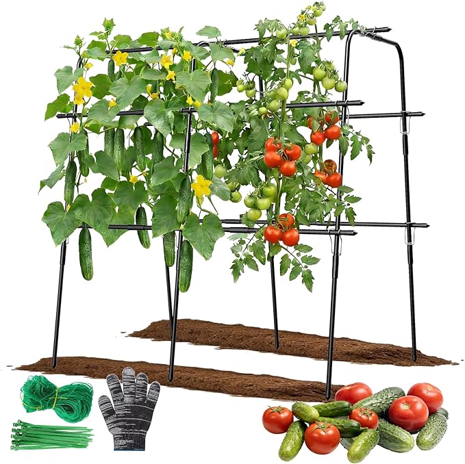 Cucumber Trellis for Raised Bed 63 Inch A-Frame Garden Trellis for Climbing Plants Outdoor Vine Trellis with Net Plant Support for Tomato Vegetables Flower (63 L×15.8 W×63 H-Large)