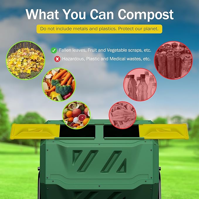 SUPER DEAL Outdoor Composter Bin 43 Gallon Dual Chamber Composter Tumbler 360° Rotating BPA Free with Sliding Doors Heavy Duty Steel Frame for Garden Yard Kitchen Waste Green